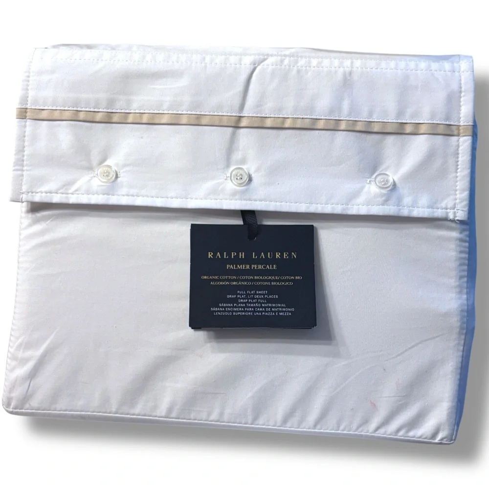 Ralph Lauren Palmer Organic Cotton Percale Full Flat Sheet 464TC Sand Dune Trim